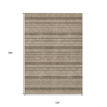 10' X 14' Taupe Striped Washable Non Skid Indoor Outdoor Area Rug