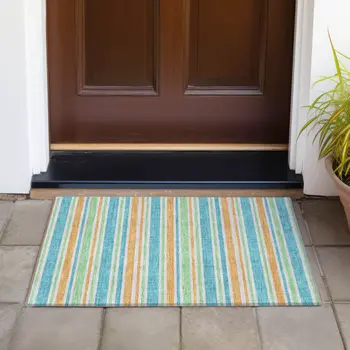 2' X 3' Teal Striped Washable Non Skid Indoor Outdoor Area Rug