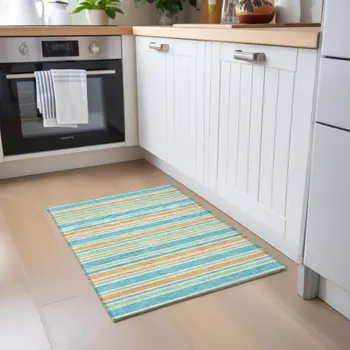 2' X 3' Teal Striped Washable Non Skid Indoor Outdoor Area Rug