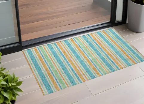 2' X 3' Teal Striped Washable Non Skid Indoor Outdoor Area Rug