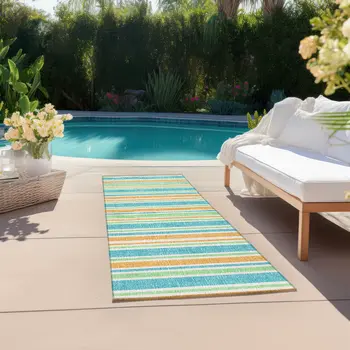 2' X 8' Teal Yellow and Green Striped Washable Non Skid Indoor Outdoor Runner Rug