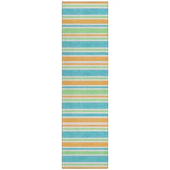 2' X 8' Teal Yellow and Green Striped Washable Non Skid Indoor Outdoor Runner Rug
