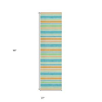 2' X 8' Teal Yellow and Green Striped Washable Non Skid Indoor Outdoor Runner Rug