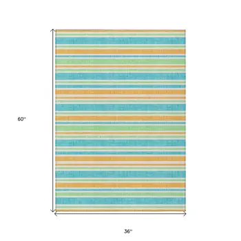 3' X 5' Teal Yellow and Green Striped Washable Non Skid Indoor Outdoor Area Rug