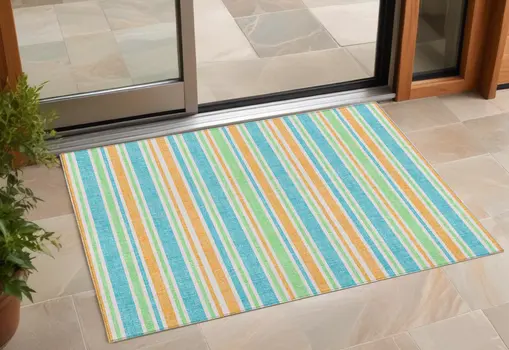 3' X 5' Teal Yellow and Green Striped Washable Non Skid Indoor Outdoor Area Rug