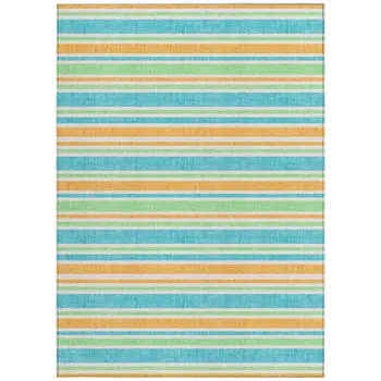 3' X 5' Teal Yellow and Green Striped Washable Non Skid Indoor Outdoor Area Rug