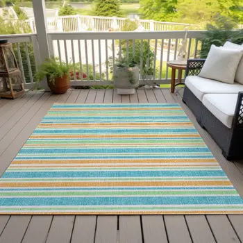5' X 8' Teal Yellow and Green Striped Washable Non Skid Indoor Outdoor Area Rug
