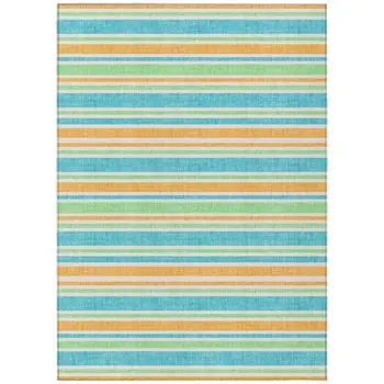 5' X 8' Teal Yellow and Green Striped Washable Non Skid Indoor Outdoor Area Rug