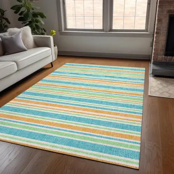 5' X 8' Teal Yellow and Green Striped Washable Non Skid Indoor Outdoor Area Rug