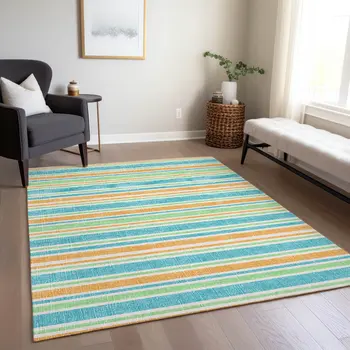 5' X 8' Teal Yellow and Green Striped Washable Non Skid Indoor Outdoor Area Rug