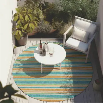 8' X 8' Teal Yellow and Green Round Striped Washable Non Skid Indoor Outdoor Area Rug