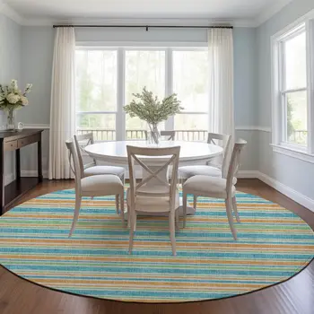 8' X 8' Teal Yellow and Green Round Striped Washable Non Skid Indoor Outdoor Area Rug