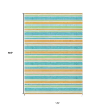 10' X 14' Teal Yellow and Green Striped Washable Non Skid Indoor Outdoor Area Rug