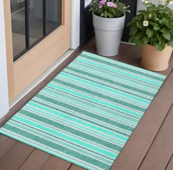 2' X 3' Turquoise Striped Washable Indoor Outdoor Area Rug