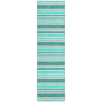 2' X 8' Turquoise Striped Washable Indoor Outdoor Runner Rug