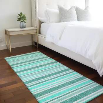 2' X 8' Turquoise Striped Washable Indoor Outdoor Runner Rug