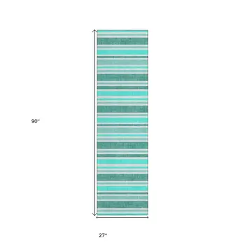 2' X 8' Turquoise Striped Washable Indoor Outdoor Runner Rug