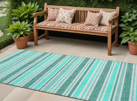 2' X 8' Turquoise Striped Washable Indoor Outdoor Runner Rug