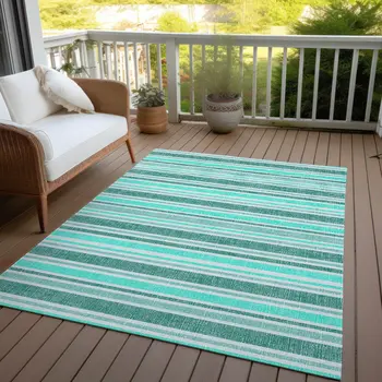 3' X 5' Turquoise Striped Washable Indoor Outdoor Area Rug