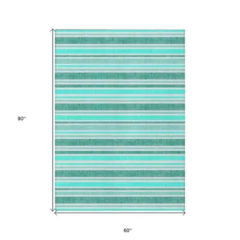 5' X 8' Turquoise Striped Washable Indoor Outdoor Area Rug