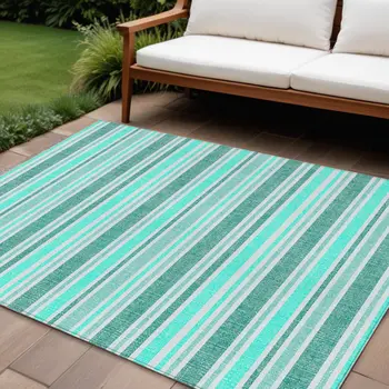 10' X 14' Turquoise Striped Washable Indoor Outdoor Area Rug