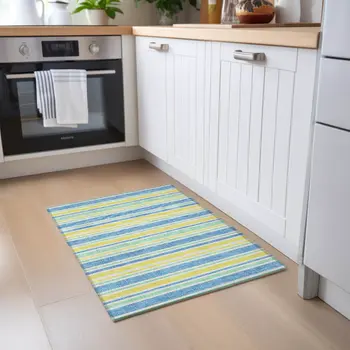 2' X 3' Blue Yellow and Green Striped Washable Non Skid Indoor Outdoor Area Rug