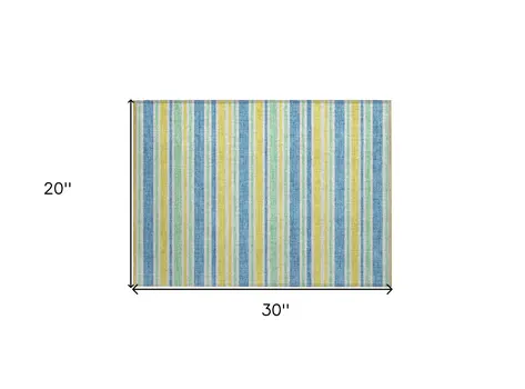 2' X 3' Blue Yellow and Green Striped Washable Non Skid Indoor Outdoor Area Rug
