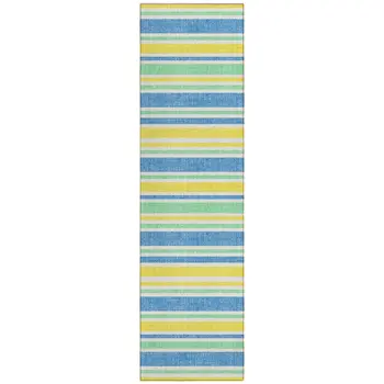 2' X 8' Blue Yellow and Green Striped Washable Non Skid Indoor Outdoor Runner Rug