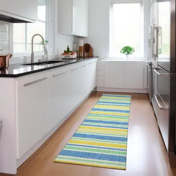 2' X 8' Blue Yellow and Green Striped Washable Non Skid Indoor Outdoor Runner Rug