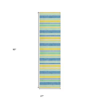 2' X 8' Blue Yellow and Green Striped Washable Non Skid Indoor Outdoor Runner Rug