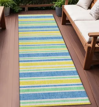 2' X 8' Blue Yellow and Green Striped Washable Non Skid Indoor Outdoor Runner Rug