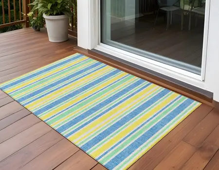 3' X 5' Blue Yellow and Green Striped Washable Non Skid Indoor Outdoor Area Rug