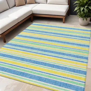5' X 8' Blue Yellow and Green Striped Washable Non Skid Indoor Outdoor Area Rug