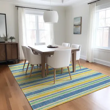 9' X 12' Blue Yellow and Green Striped Washable Non Skid Indoor Outdoor Area Rug