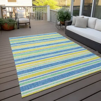 9' X 12' Blue Yellow and Green Striped Washable Non Skid Indoor Outdoor Area Rug