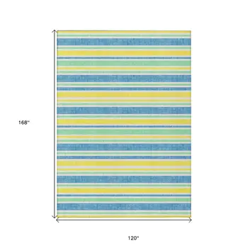 10' X 14' Blue Yellow and Green Striped Washable Non Skid Indoor Outdoor Area Rug
