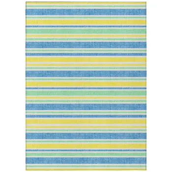 10' X 14' Blue Yellow and Green Striped Washable Non Skid Indoor Outdoor Area Rug