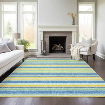 10' X 14' Blue Yellow and Green Striped Washable Non Skid Indoor Outdoor Area Rug