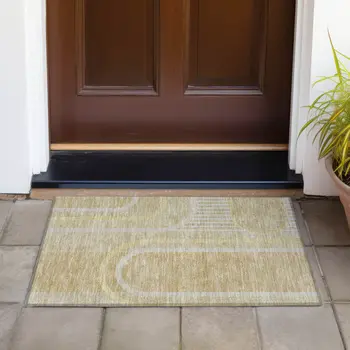 2' X 3' Beige Abstract Washable Indoor Outdoor Area Rug