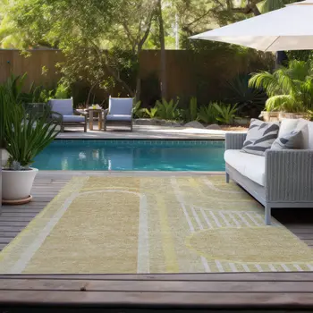 5' X 8' Beige Abstract Washable Indoor Outdoor Area Rug