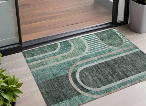 2' X 3' Black and Green Abstract Washable Indoor Outdoor Area Rug