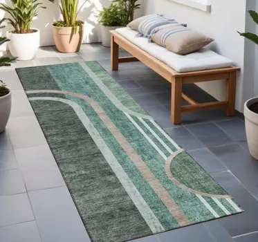 2' X 8' Black and Green Abstract Washable Indoor Outdoor Runner Rug