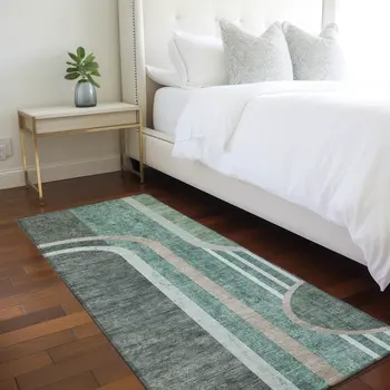 2' X 8' Black and Green Abstract Washable Indoor Outdoor Runner Rug