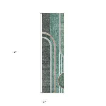 2' X 8' Black and Green Abstract Washable Indoor Outdoor Runner Rug