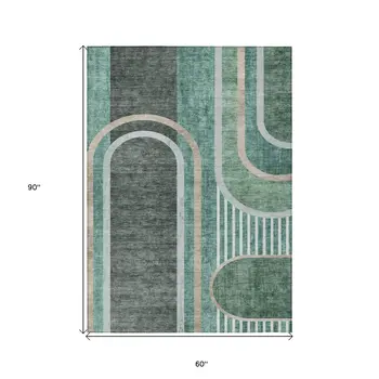 5' X 8' Black and Green Abstract Washable Indoor Outdoor Area Rug