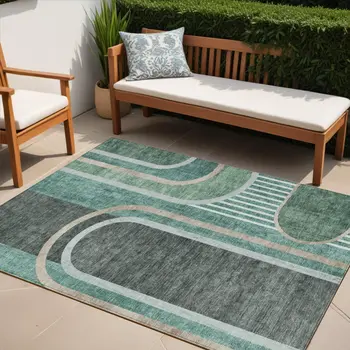 5' X 8' Black and Green Abstract Washable Indoor Outdoor Area Rug
