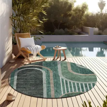 8' X 8' Black and Green Round Abstract Washable Indoor Outdoor Area Rug