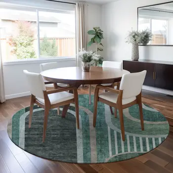 8' X 8' Black and Green Round Abstract Washable Indoor Outdoor Area Rug