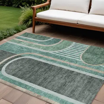 10' X 14' Black and Green Abstract Washable Indoor Outdoor Area Rug