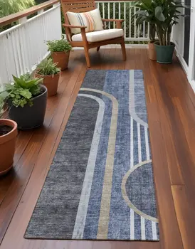 2' X 8' Blue and Black Abstract Washable Indoor Outdoor Runner Rug